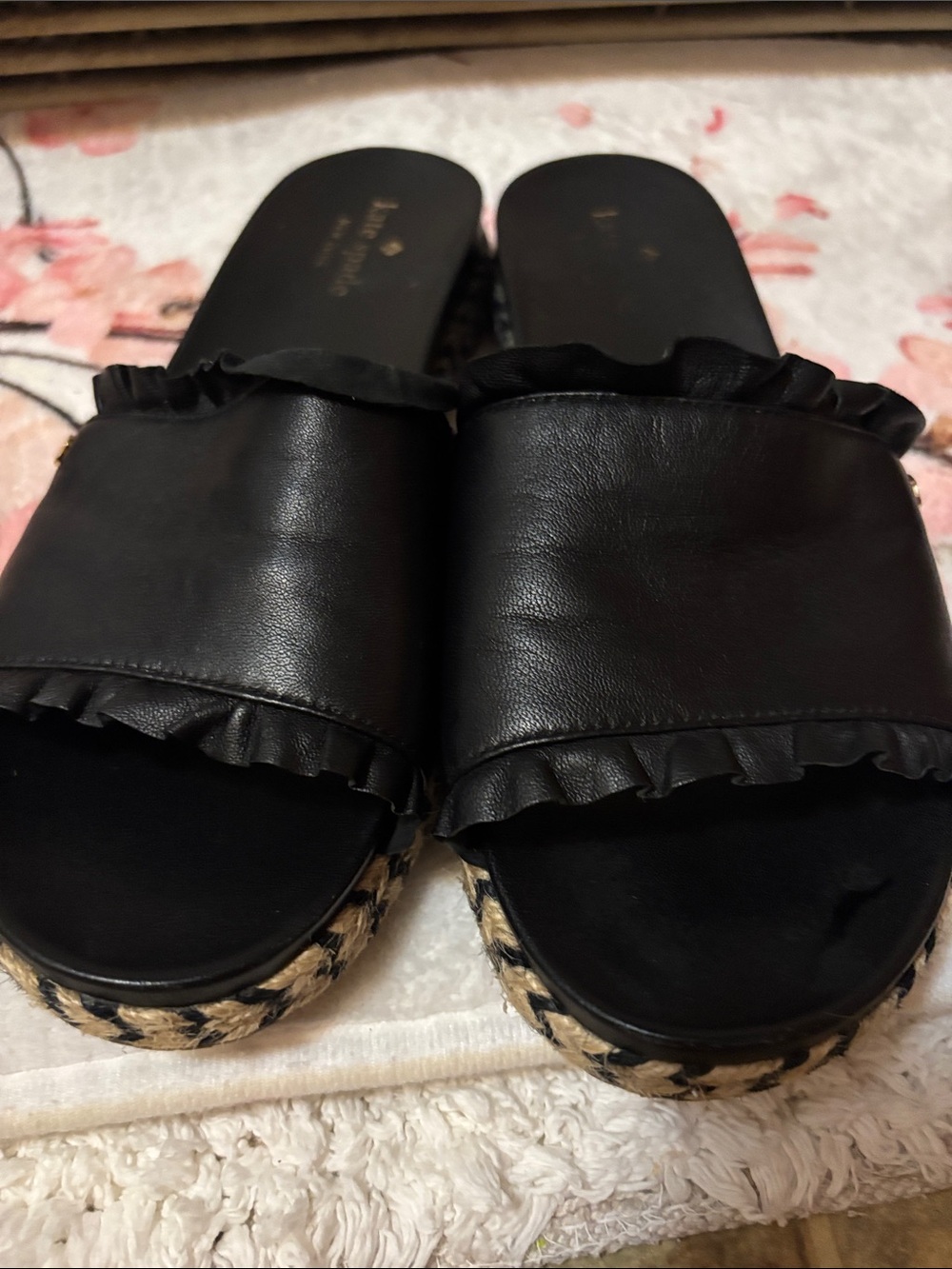 kate spade Black Ruffle Espadrille Slides with Braided Jute Sole